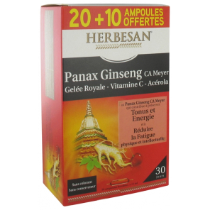 HERBESAN Panax Ginseng CA Meyer Gelée Royale Vitamine C Acérola Ampoules boite de 20+10 Offertes