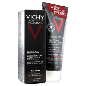 VICHY Homme Hydra Mag C+ Soin Hydratant Anti-Fatigue 50 ml + Hydra Mag C Gel Douche Corps & Cheveux 100 ml Offert