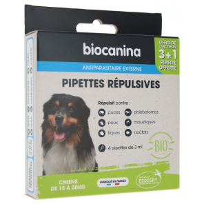 BIOCANINA Pipettes Répulsives Chiens de 15 à 30 kg 4 Pipettes