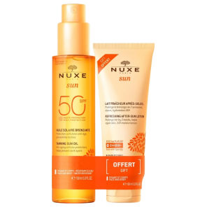 NUXE Sun Huile Solaire Bronzante Visage et Corps SPF50 150 ml + Lait Fraîcheur Après-Soleil Visage et Corps 100 ml Offert